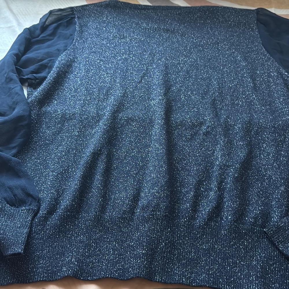 Brooks Brothers Navy Blue And Silver Shimmer Long Mesh Sleeves Top - Picture 9 of 10